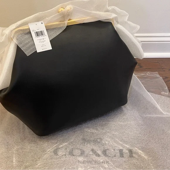 COACH Large Kisslock Frame Bag Designer Black Leather Clutch with Gold NEW TAGS - Picture 15 of 17